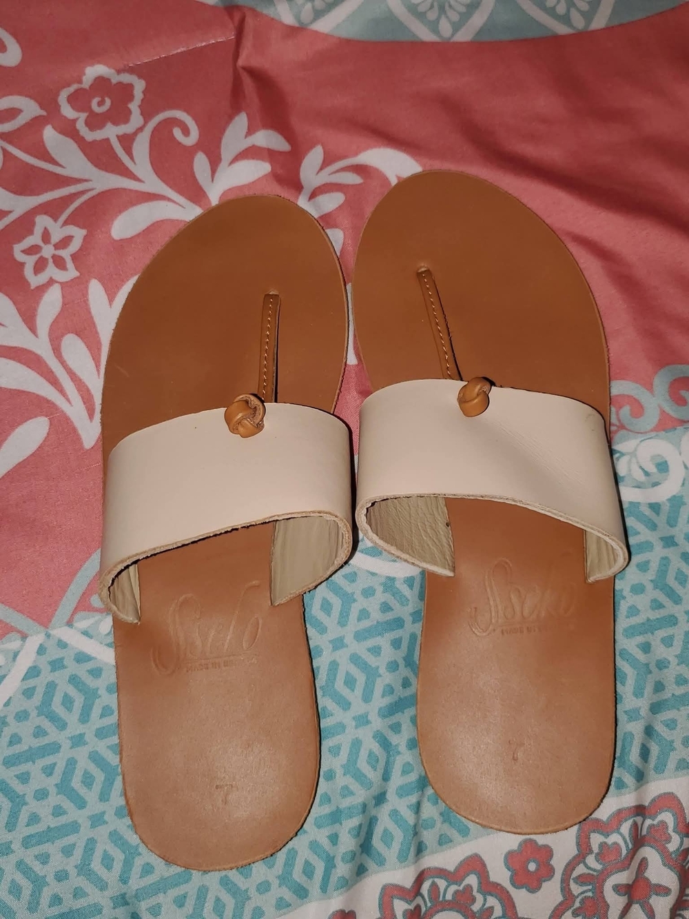 Sseko Cream and Tan Toe-Loop Slide Sandals